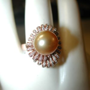 14KT Rose 10mm Golden South Sea Pearl 1 Carat Diamond Swirl Dramatic Ring Size 8