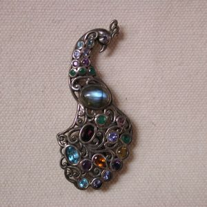 Sterling Peacock Emerald-Topaz-Garnet-Citrine-Quartz  Pin/Pendant 2 Inches