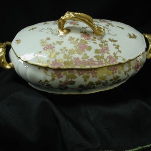 Limoges 13" AK Cherry Blossom + Gold Butterfly oval Casserole with top