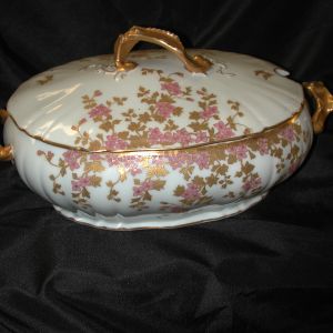 Limoges AK Cherry Blossom + Gold Butterfly Soup Tureen 15" with top