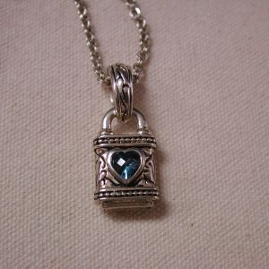 SK Sterling Padlock Blue topaz Heart Bali style pendant 32" long