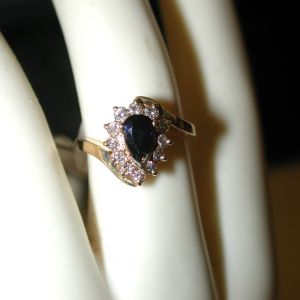 14KT yellow Teardrop dainty Diamond and Blue Spinel Size 4