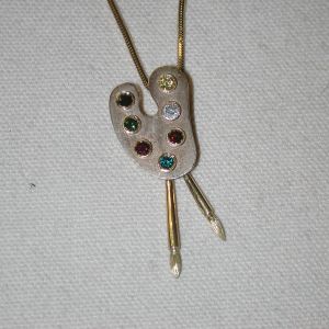 Malcolm Morley 18KT artist palette brushes colored diamond pendant