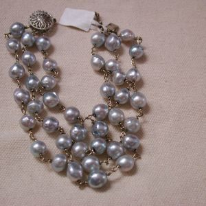 14KT white gold periwinkle Gray Baroque Pearl triple strand Bracelet 7 inches