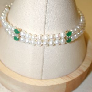 14KT pearl and emerald diamond double strand bracelet