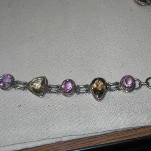 chunky Sterling Smoky Topaz Amethyst Bezel set Bracelet 7 inches