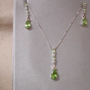 Peridot and Diamond dangling earrings pendant set Sterling and Gold