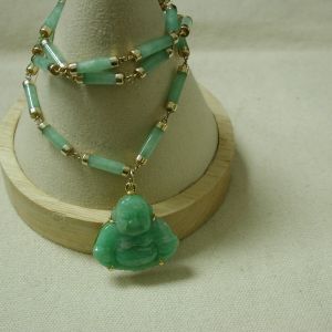 14KT Jade Happy Buddha on polished barrel section necklace18inches