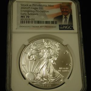 2020 P Silver Eagle NGC MS70 Emergency Prod./Early Release - Pres. Donald Trump