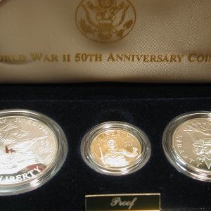 U.S WW II 50th Anniversary 3 Piece Proof $5 Gold Silver $1 Clad Half