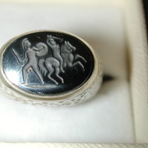 Sterling Hammered Warrior Signet Intaglio ring size 12 Goth-GOT-Viking Carved Hematite