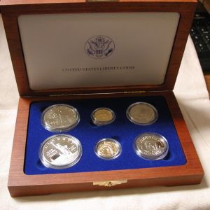 1986 US Liberty 6 Coin Set - 2 Silver Dollars, 2 Gold $5 Proof COA