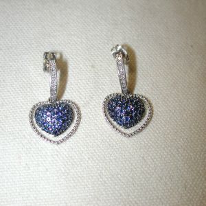 14KT Pave Blue Sapphire and Diamond puff Heart dangling post earrings