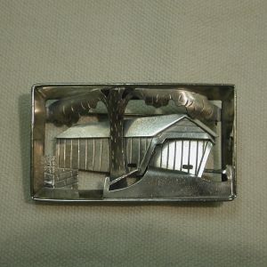 Sterling Modernist covered bridge 3D landscape framed brooch Signed AG