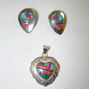 sterling Sensa Eustace Zuni Inlaid Heart and Earring set Stripe Geometric multi color stones