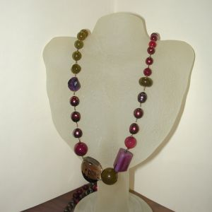 Assymetrical Red Green Purple Bronze Mixed Beaded Milano DP Necklace -36-42 Inches