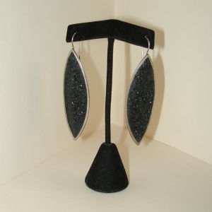Black Druzy Sterling silver  teardrop Wire Earrings Hallmarked UR -  3 inches!