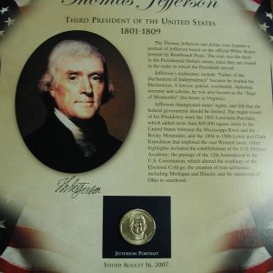 2007 Thomas Jefferson Postal Commemorative Society US President $1 Coin Stamp