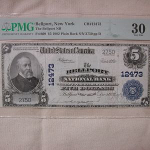 1902 Bellport NY National Bank $5 CH#12473 FR#609 PMG VF 30 RARE!