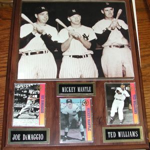 Mickey Mantle, Joe DiMaggio, Ted Williams 12x15 Plaque with Trading Cards