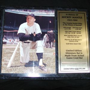 Mickey Mantle Limited Edition Plaque Miniature Bat Made from Actual Game Used Bat