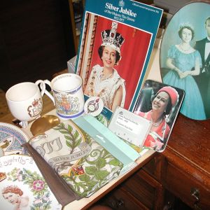 Queen Elizabeth II- Memorabilia- Mixed Lot of 13+ Mugs, Plates, Cloths