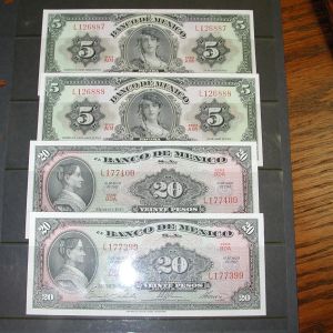 1963 1967 Bank of Mexico Pesos Consecutive Notes 2-$5 2-$20