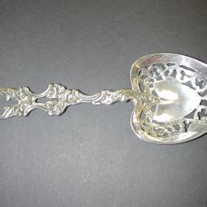 Sterling Repousse Pierced Heart Bowl serving spoon 8" unknown mark