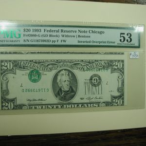 $20 1993 Federal Reserve Note Chicago Inverted Overprint Error PMG 53