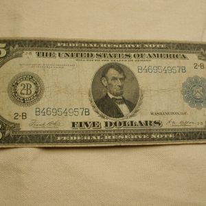 U.S 1914 Series Five Dollar Federal Reserve Large Note Fine Cond.
