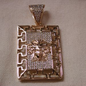 14KT Gold filled Lion Head Pave CZ Rectangle Medallion Greek Key border