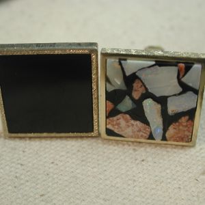 Sterling Gold Vermeil Square Onyx & Mosaic Mismatched Retro Art Cufflinks