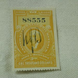 #R250 1917 $1000 U.S. Internal Revenue Stamp, Orange Hand Cancel