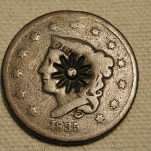 1835 Large Cent Embossed flower punch grafitti obverse