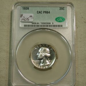 1939 Proof Washington Quarter  CAC PR64 25C