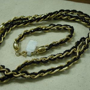 Trifari Twist Black and Gold Necklace 28 inches w Bracelet