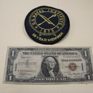 1935A One Dollar Hawaii Note from USS Iowa 1945 and 50 Year Navy patch