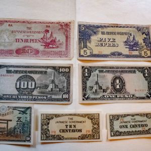 Lot of 7 Japanese Military Money World War II Red Rupees