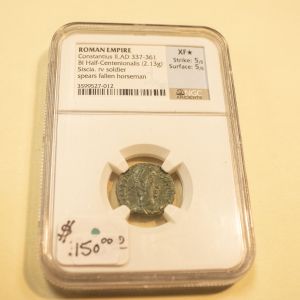 Roman Empire Constantius II, AD 337-361 NGC Soldier Spears fallen Horseman
