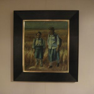 Nomi Tannhauser Israel Artist Two School Girls w backpacks oil 20 x 22