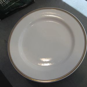 Homer Laughlin Pristine white plates gold trim 11" dinner set of 7