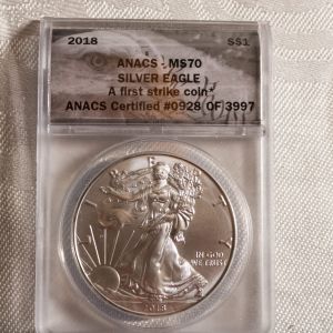 2018 ANACS Certified Silver Eagle A first strike coin MS70