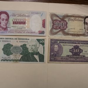 Venezuela 4 Notes - 10-20-100 Bolivares 1980s-90s  Fine