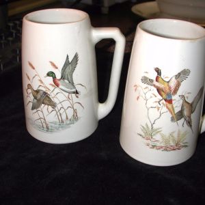 Pair (2) Vintage Hyalyn Waterfowl Porcelain Beer Mugs stamped Hyalyn 641 USA