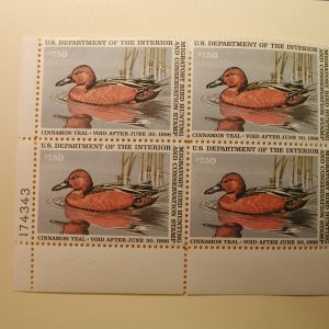 U.S. Duck Stamps Plate Block $7.50 Cinnamon Teal US Department of The Interior