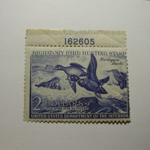 US Department of Interior Scott #RW19 $2 Harlequin Ducks 1952, MNH/ crease on back - Plate Single #162605