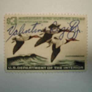 US Department of Interior Scott #RW32 $3 Canvas Backs Duck Stamp 1965, Used & Signed