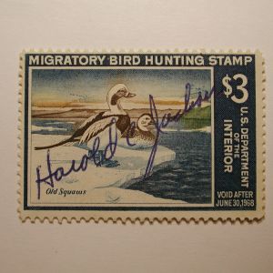 US Department of Interior Scott #RW34 $3 Old Squaw Ducks Stamp 1967, Used & Signed