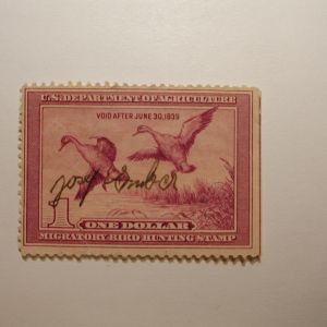 US Department of Interior Scott #RW5 $1 Pintail Drake & Hen Ducks Stamp 1938, Used & Signed