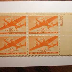 US Scott #C31 50 Cent OG NH Plate Block of 4 Airmail Stamps, Small Thins